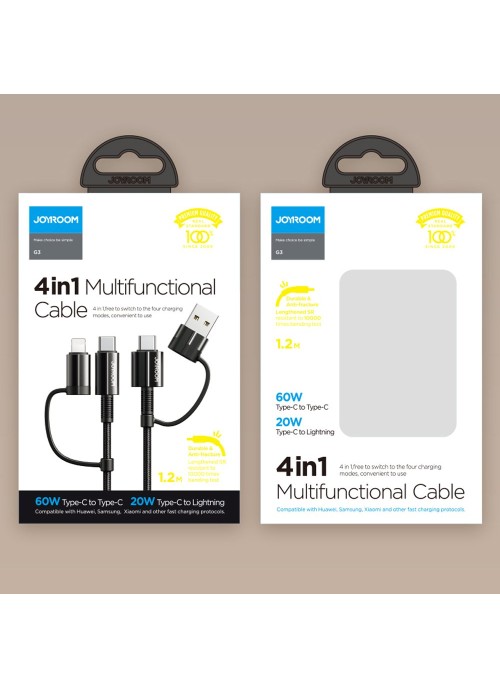 Laddkabel • Joyroom 4in1 • USB-C/USB till USB-C/lightning • QC3.0/PD 60W • 1.8m • Svart