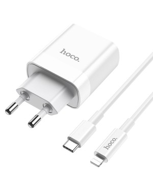 Strömadapter med laddkabel • Dubbla portar USB-C/USB • Lightning • Hoco • Vit
