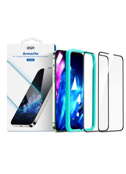 iPhone 13 / 13 Pro • 2st Skärmskydd med monteringsram • 9H Härdat glas • ESR Armorite • Svart ram