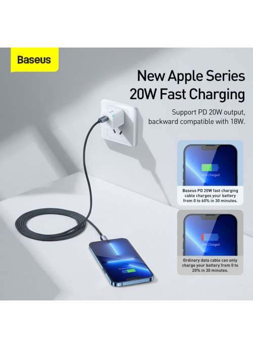 Ladd/Datakabel • USB-C/Lightning • 2m • PD20W • Baseus • Svart
