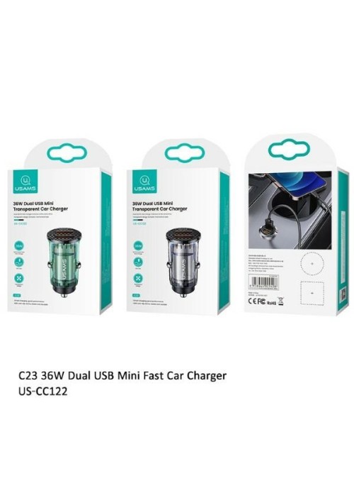 Laddare • Cigg.uttag • 2xUSB 36W QC3.0 Fast Charge • USAMS • Transparent/Blå
