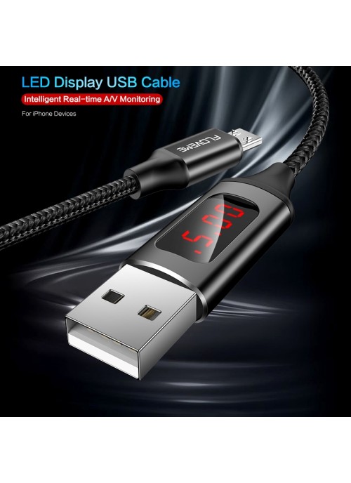 Laddkabel med Volt monitor - Micro USB - 1m Svart
